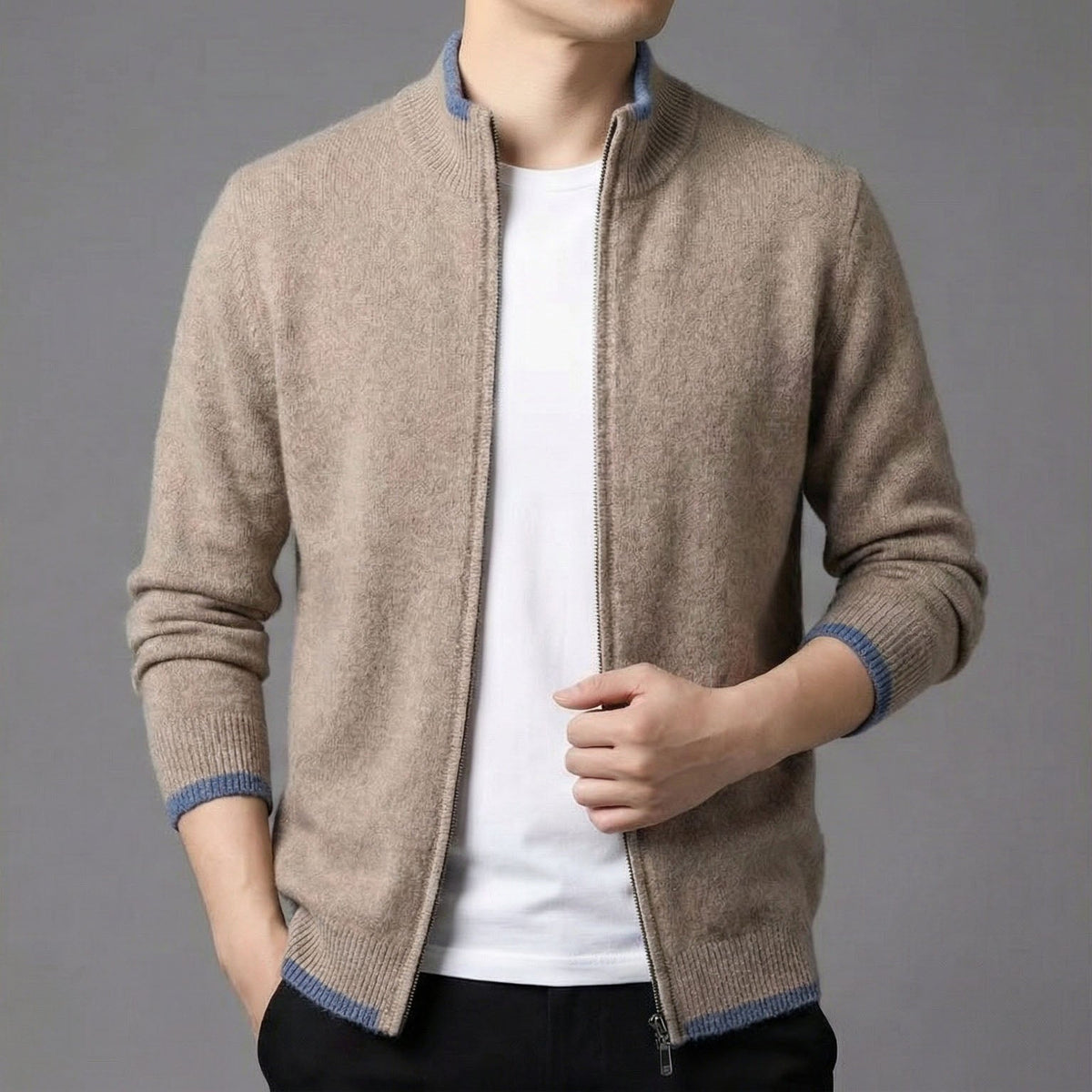 Dama Washington Axel men's zip up cardigan cream crew neck sweater - view 4