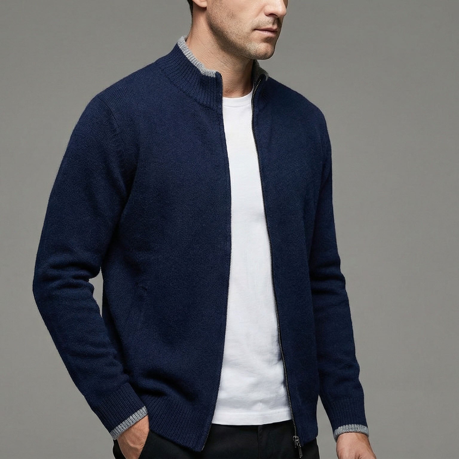 Axel | Men's Zip Up Cardigan Cream Crew Neck Sweater