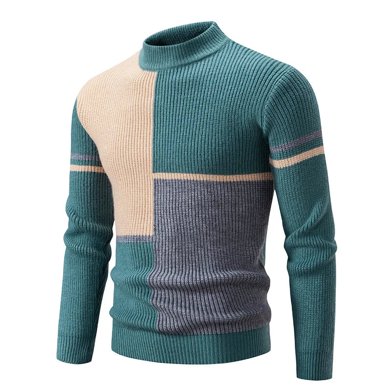 Sage | Men's Color Block Crew Neck Sweater Teal Cream
