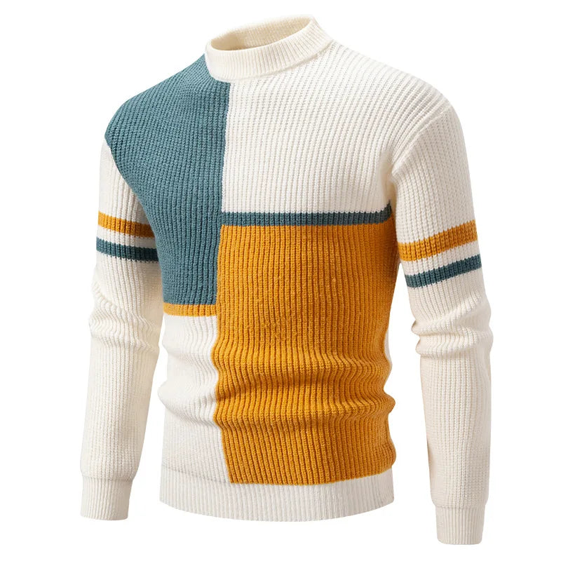 Sage | Men's Color Block Crew Neck Sweater Teal Cream