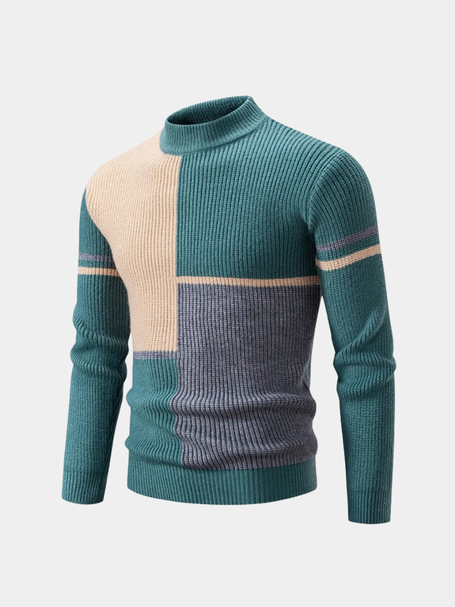 Sage | Men's Color Block Crew Neck Sweater Teal Cream