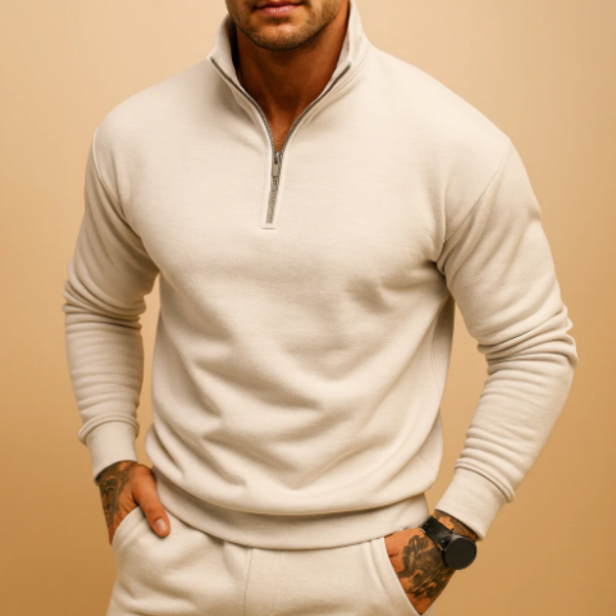 Ezra | Men's Quarter Zip Sweater Cream Long Sleeve
