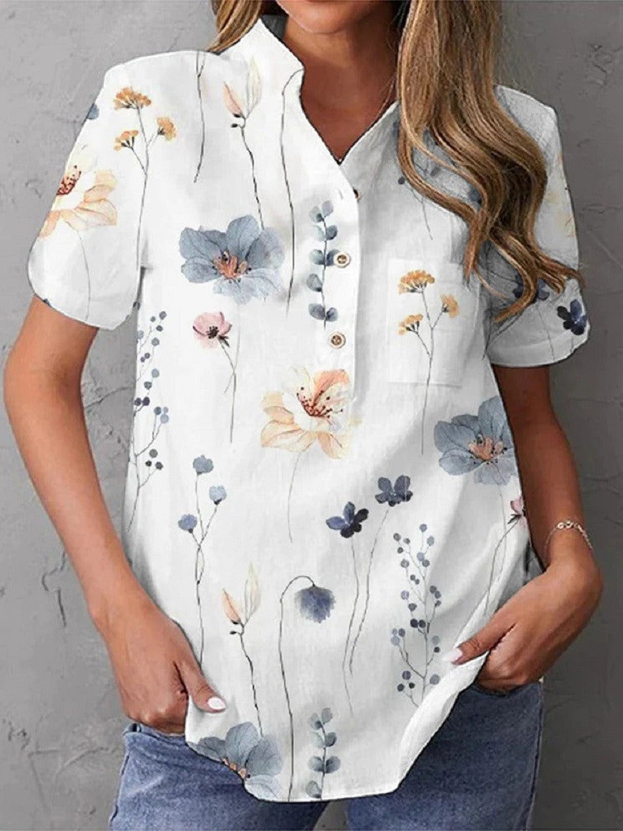Thea | Women's Floral Button Down Shirt Cream Short Sleeve