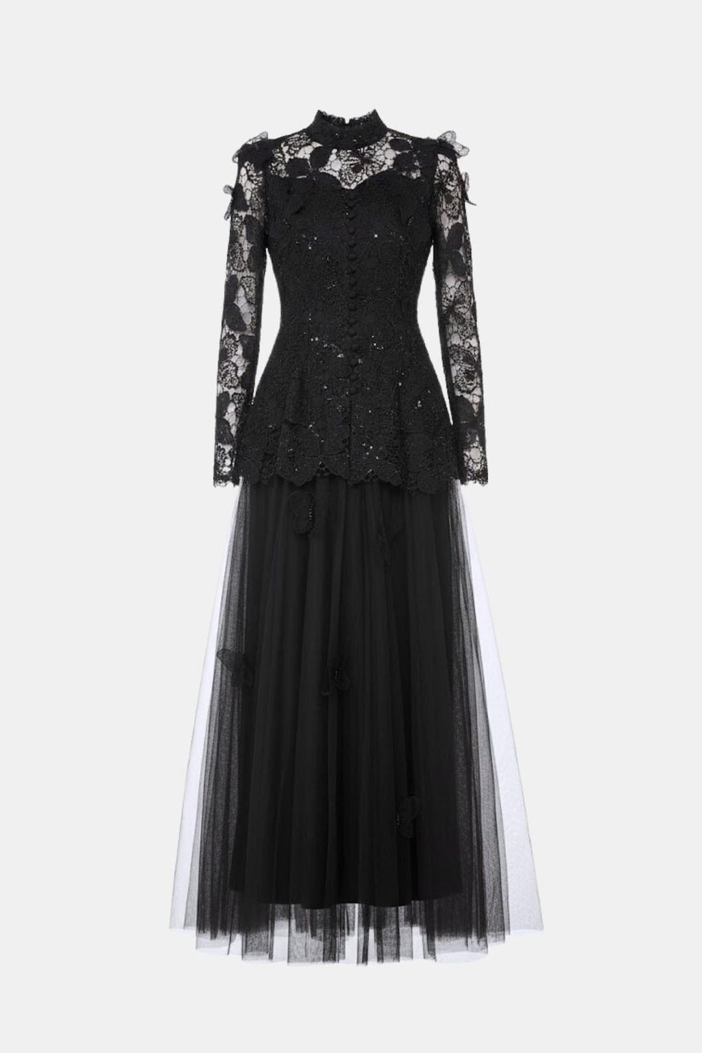 Dama Washington Rue women's long sleeve lace maxi dress black - front view