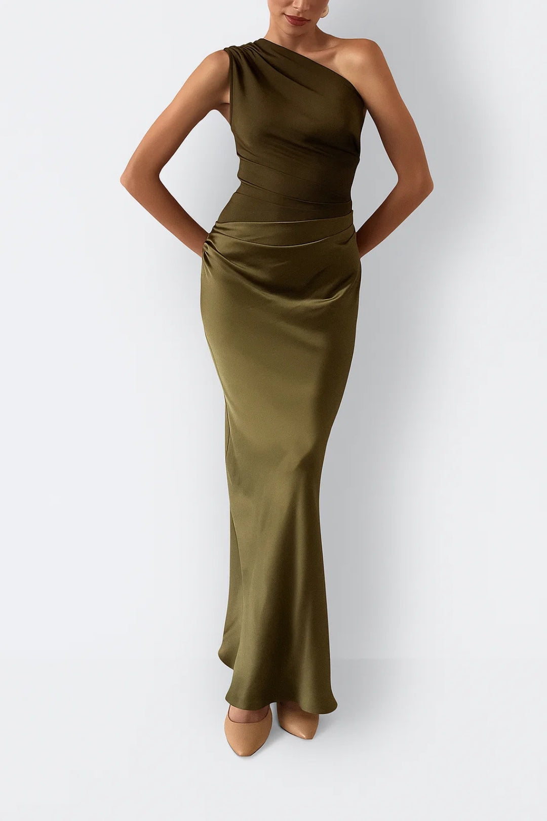 Alma | Women's One Shoulder Satin Maxi Dress Brown