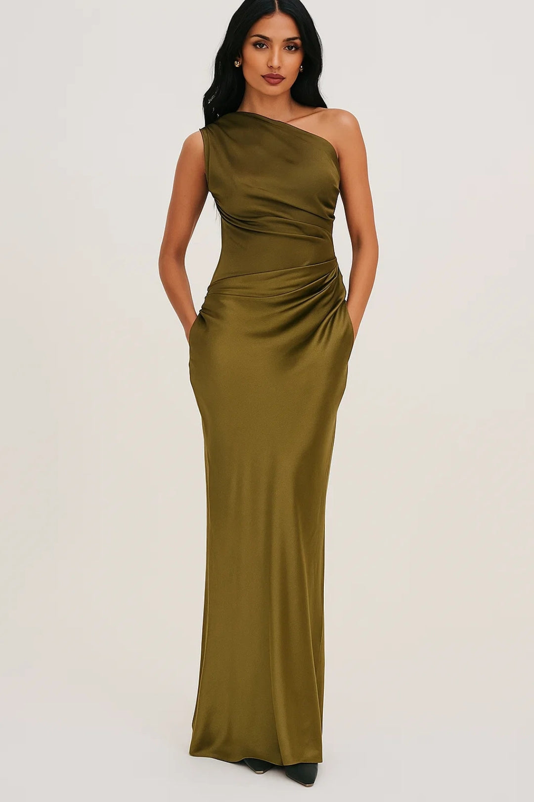 Alma | Women's One Shoulder Satin Maxi Dress Brown
