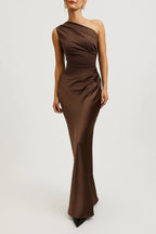 Dama Washington Alma women's one shoulder satin maxi dress brown - front view