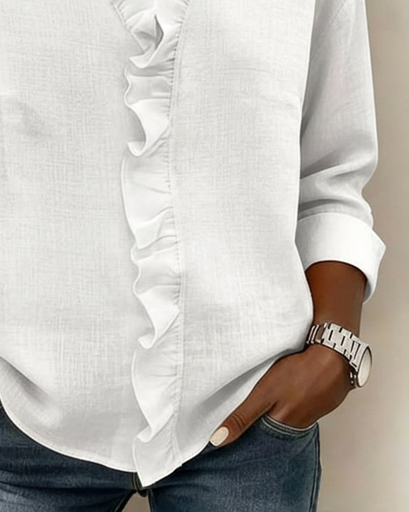 Elise | Women's Ruffle Front Blouse Pink Long Sleeve