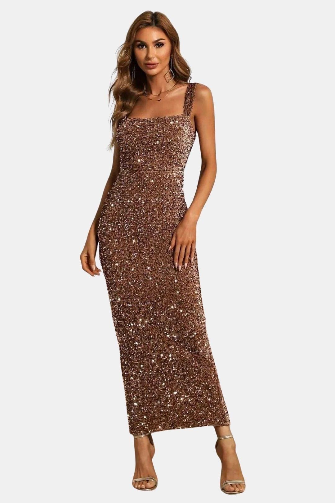 Isla | Women's Sequin Maxi Dress Brown Square Neck