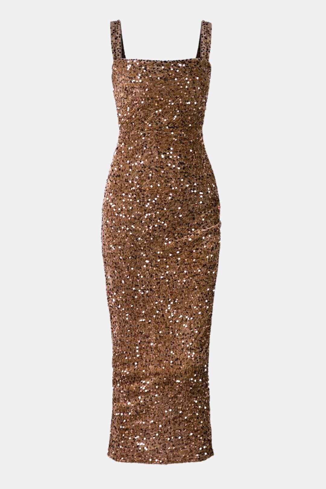 Dama Washington Isla women's sequin maxi dress brown square neck - front view